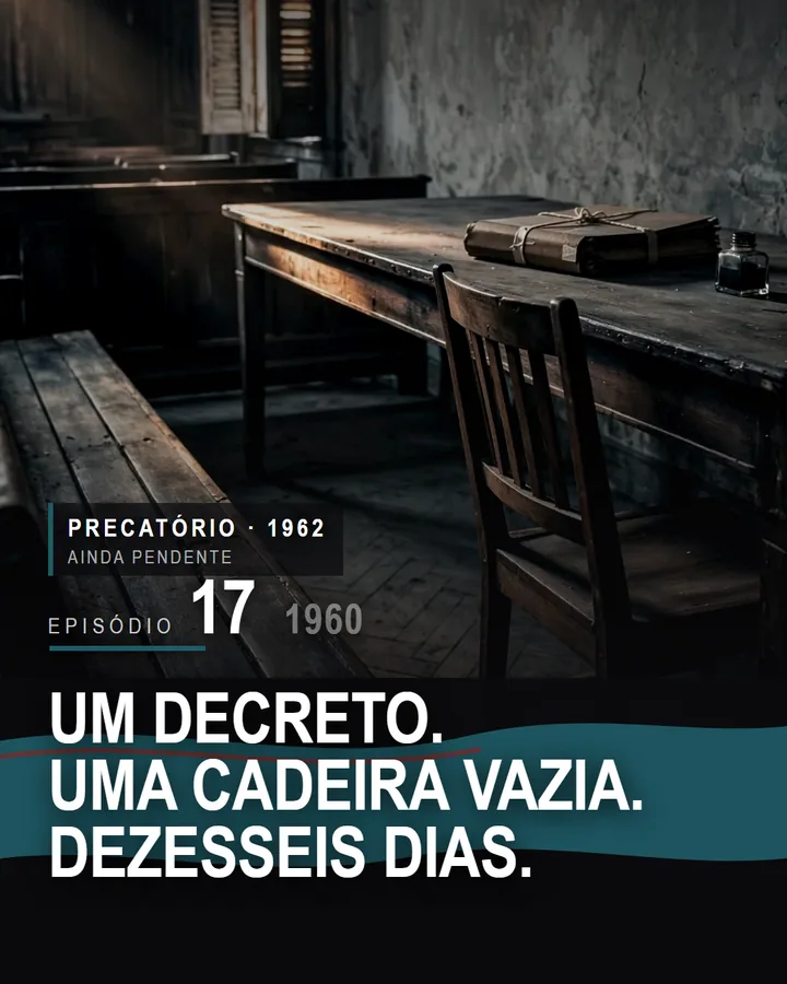 Capa do episódio 17 da série do Banco de Crédito Móvel: Um decreto. Uma cadeira vazia. Dezesseis dias.